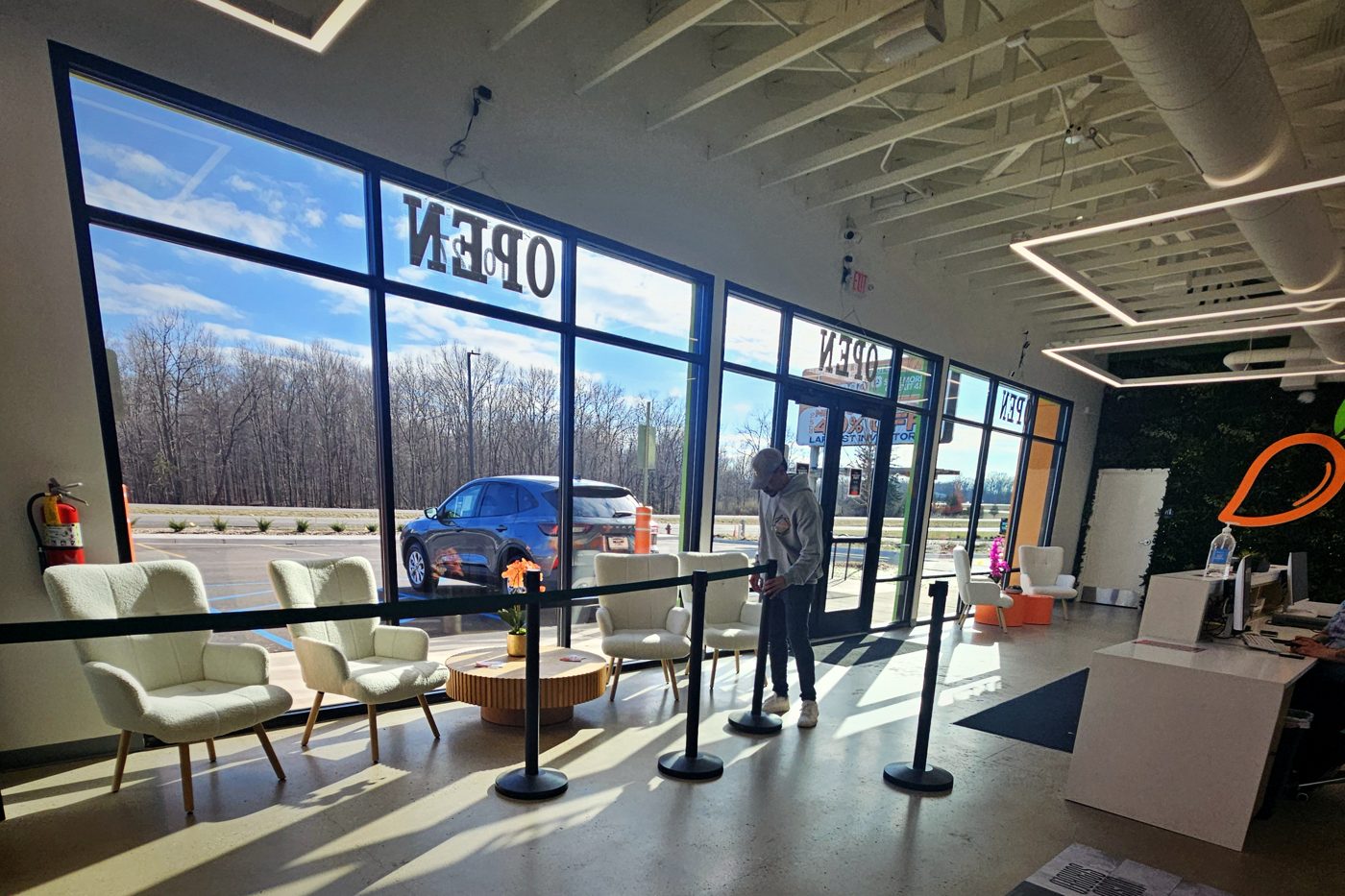 The sunlit Mango New Buffalo lobby and reception